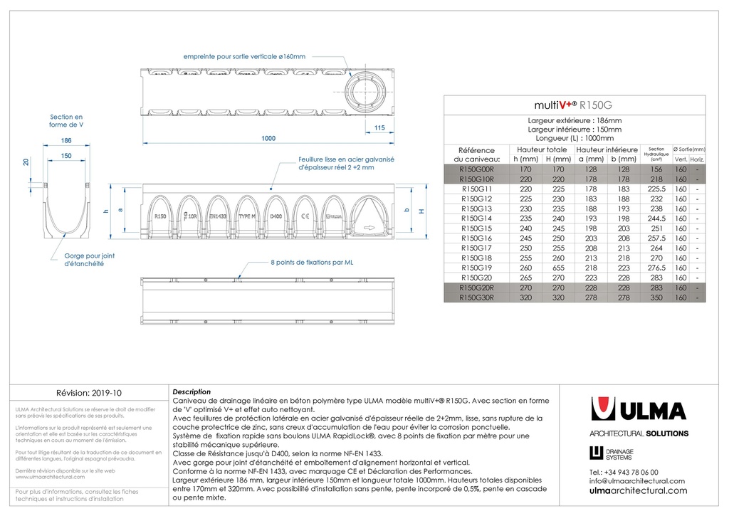 Caniveau en béton polymère modèle MULTIV+ 150 R150G00R 1ML