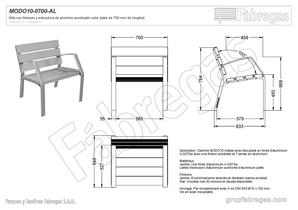 FAUTEUIL MODO-10 70 CM 7 LAMES ALUMINIUM ANODISÉ (MODO10-0700-AL)