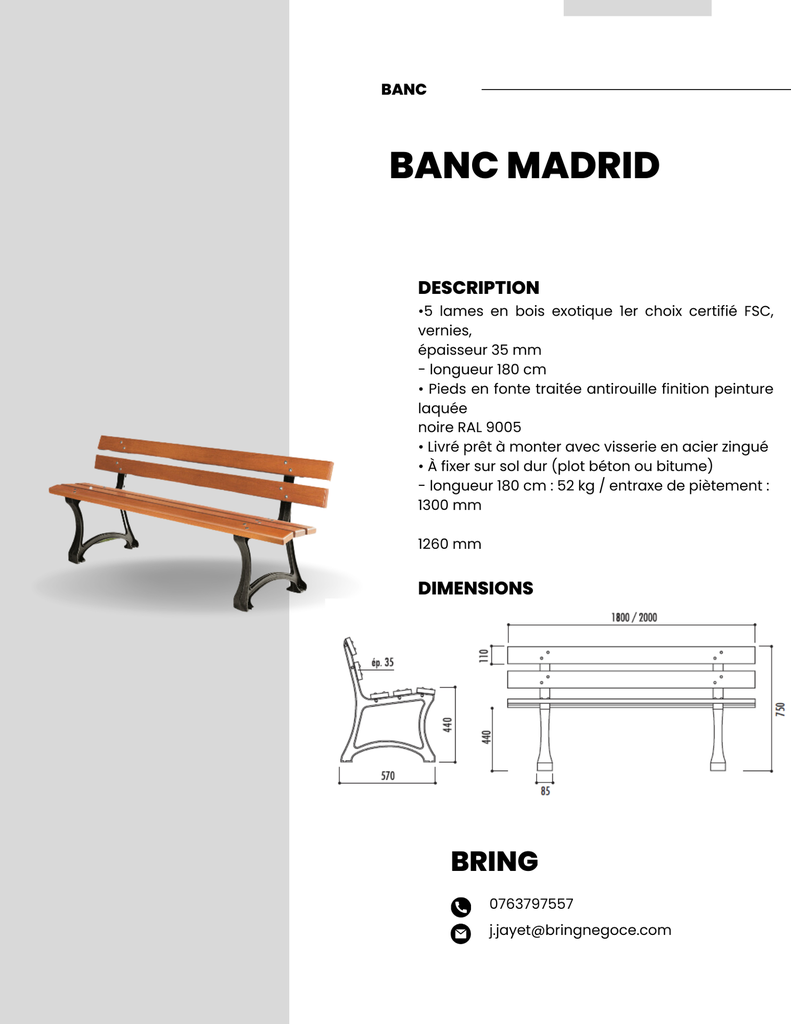 BANC MADRID 180 CM 5 LAMES CARRÉES BOIS EXOTIQUE