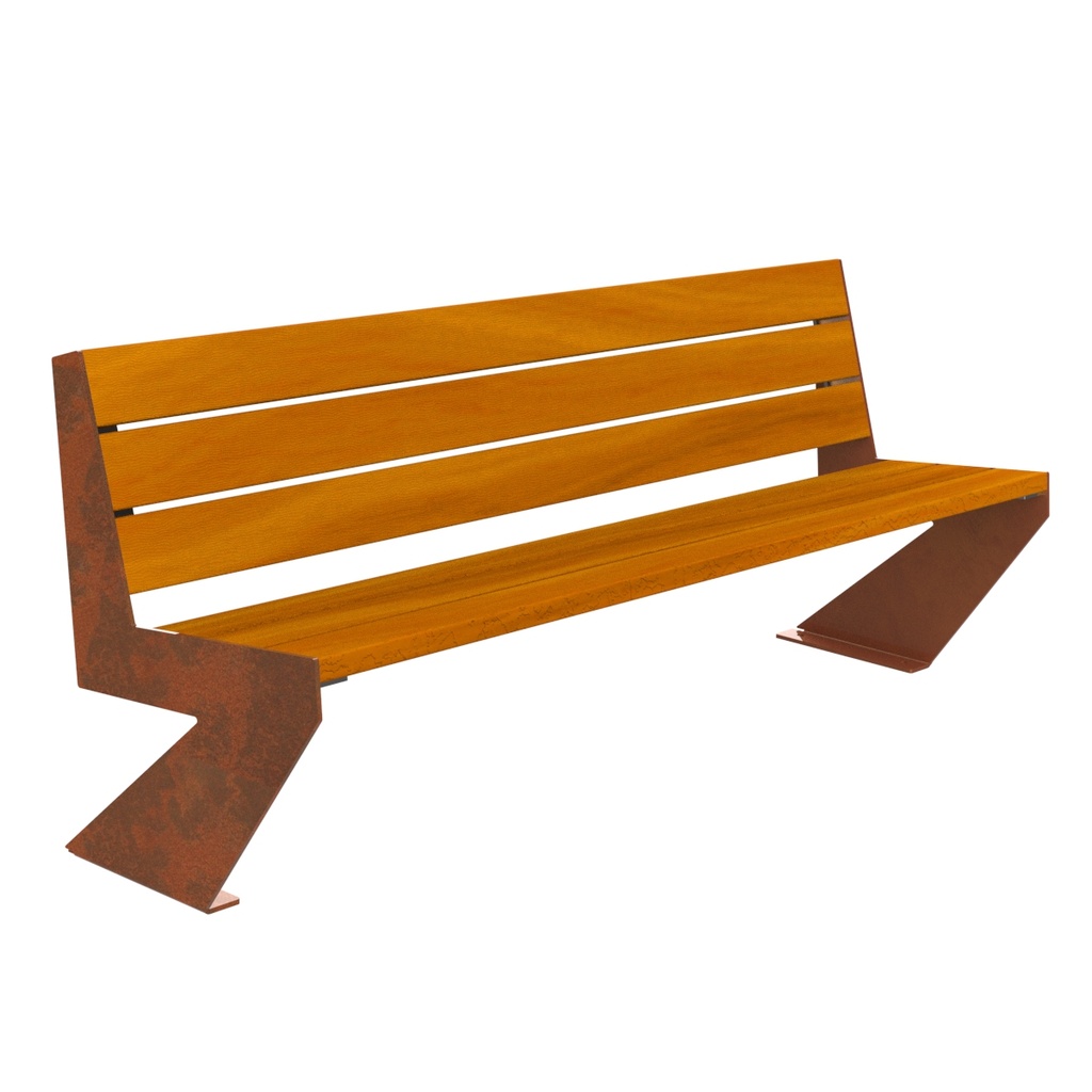 BANC ZENIT 6 LAMES EN BOIS EXOTIQUE DE GUINÉE - PIÈTEMENT ACIER CORTEN