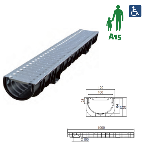 Caniveau Light PP 100 + grille passerelle A15 - L. 1 m - H. 110 mm